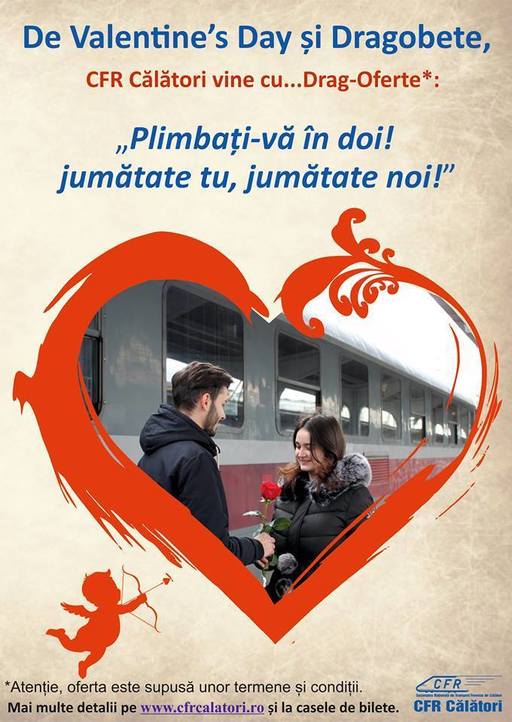 CFR Călători pune în vânzare bilete la jumătate de preţ, de Valentine’s Day şi de Dragobete, iar îndrăgostiţii pot face declaraţii de dragoste la megafonul din Gara de Nord 