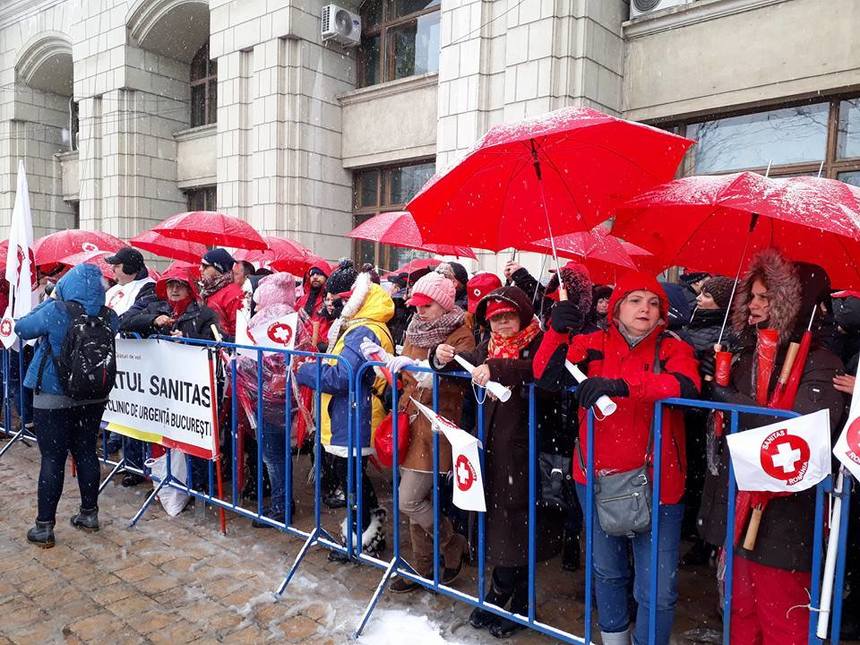 Sindicaliştii de la Sanitas au pichetat Ministerul Finanţelor Publice, ca primă acţiune de protest