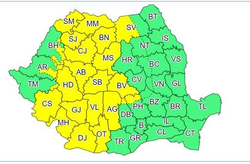 Instabilitate atmosferică accentuată, de la ora 12.00; de la 18.00, 23 de judeţe vor fi sub cod galben de ploi torenţiale, vijelii şi grindină