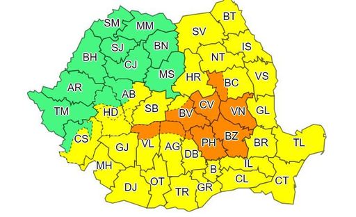 Avertizări cod galben şi portocaliu de furtuni şi inundaţii, zeci de judeţe fiind vizate; se vor înregistra cantităţi de precipitaţii ce pot ajunge la 70 de litri pe metru pătrat