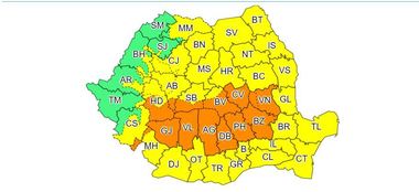Avertizările cod galben şi cod portocaliu au fost actualizate, numărul judeţelor afectate fiind restrâns