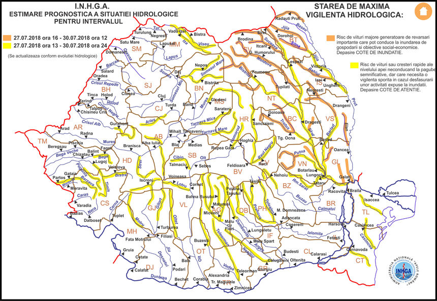 Cod galben de inundaţii în majoritatea zonelor ţării, până luni la miezul nopţii; în nouă judeţe va fi cod portocaliu