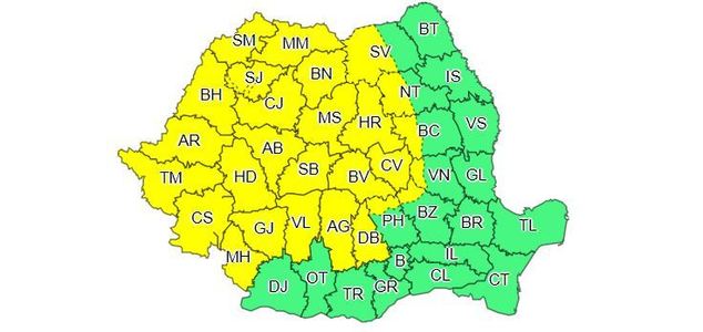 Meteorologii au emis o nouă avertizare cod galben, valabilă pentru cea mai mare parte a ţării; vremea rea va continua cel puţin până miercuri, la ora 23.00