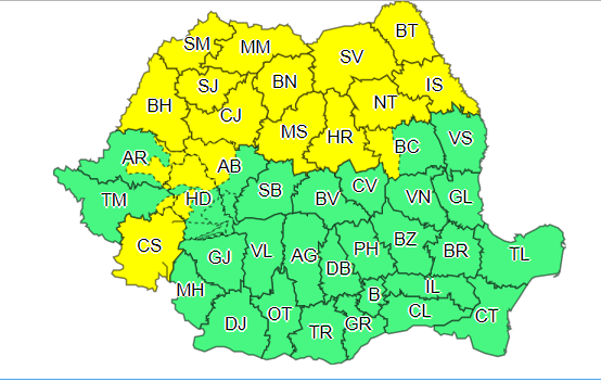 ANM: Averse cu caracter torenţial, descărcări electrice, vijelii şi căderi de grindină, până miercuri seară, 18 judeţe urmând a fi sub cod galben; în Bucureşti se anunţă ploi torenţiale ce pot depăşi 20 l/mp şi temperaturi de 8-9 grade