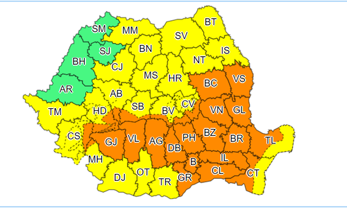 Cod portocaliu de ploi torenţiale, vijelii, grindină şi descărcări electrice, de vineri după-amiază, în Muntenia, Dobrogea, nordul Olteniei şi sudul Moldovei; Cod galben în restul ţării