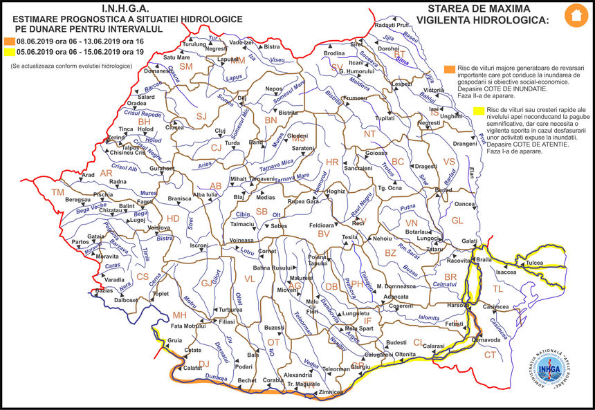 Cod galben şi portocaliu de inundaţii pe Dunăre, până în 15 iunie; debitul fluviului va creşte constant, fiind posibile depăşiri ale fazelor de apărare