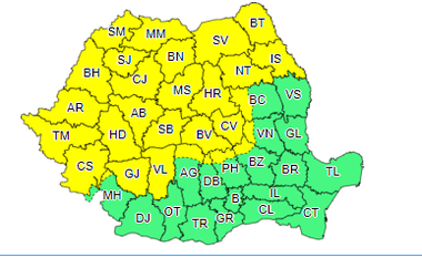 Cod galben de ploi torenţiale, vijelii şi grindină, în vestul, nordul, centrul şi nord-estul ţării, până joi seară