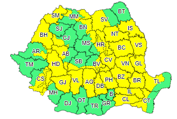 Vreme caldă şi disconfort termic ridicat, până duminică seară; Cod galben de ploi şi furtuni, în Moldova, Muntenia, local în Dobrogea, Oltenia, Crişana, Maramureş şi la munte