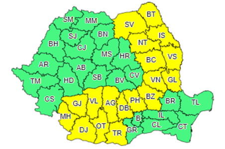 Cod galben de ploi torenţiale, descărcări electrice, vijelii şi grindină, în Moldova, nordul şi vestul Munteniei şi în Oltenia