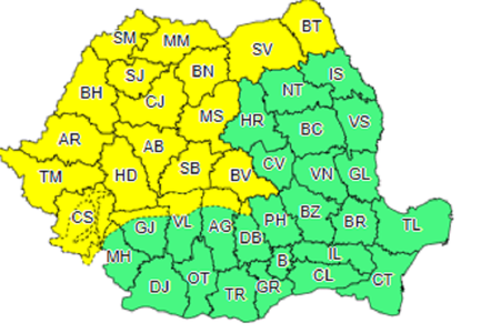 Cod galben şi portocaliu de ploi torenţiale, descărcări electrice, intensificări ale vântului şi grindină în toată ţara