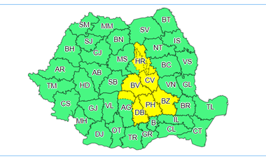 Meteorologii au actualizat avertizarea cod galben de instabilitate atmosferică; fenomenele periculoase sunt aşteptate în judeţele Argeş, Braşov, Buzău, Covasna, Dâmboviţa, Harghita şi Prahova