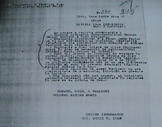 27 iunie 1941 – Raportul comandantului Reg. 6 Vȃnători către Divizia XIV Infanterie Sursa: ANMR, fond “Regimentul 6 Vȃnători”, ds. 10, f.279