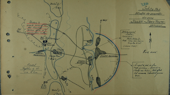 Iulie 1947 – Schiţa zonei Sculeni – Stȃnca pȃnă la 30 iunie 1941, ȋntocmită de către colonelul Ermil Matieş (comandantul Regimentului 6 Vȃnători) Sursa: USHMM/ACNSAS, ds. P.636, vol. 54, f. 320.