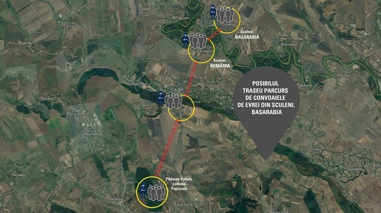 Harta cu psibilul traseu al convoaielor de evrei din Sculeni, Basarabia- sursa INSHR-EW