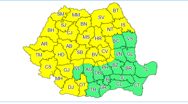 Cod galben de instabilitate atmosferică în cea mai mare parte a ţării, până joi dimineaţă; ulterior, va intra în vigoare o informare de ploi, vijelii şi grindină, valabilă în întreaga ţară
