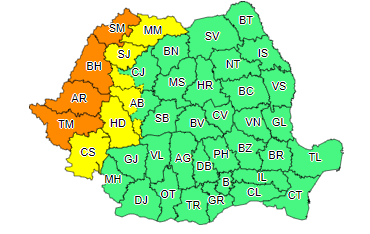 Cod galben de vijelii şi ploi torenţiale, în Banat, Crişana, Maramureş şi în vestul şi nord-vestul Transilvaniei; în judeţele Timiş, Arad, Bihor şi Satu Mare va fi Cod portocaliu de vânt puternic
