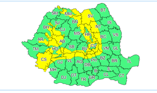 Cod galben de vânt puternic, în zonele de munte şi în sudul Banatului, până joi dimineaţă; de miercuri, în întreaga ţară se vor semnala ploi