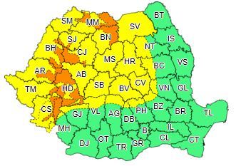 Cod galben de vânt puternic, ploi şi ulterior ninsori, în cea mai mare parte a ţării; în zona montană va intra în vigoare un Cod portocaliu de precipitaţii abundente