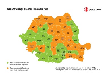 Salvaţi Copiii: Rata mortalităţii infantile e de 3,3 la mie în Bucureşti, Tulcea are o rată de 14,7 la mie, dublul mediei naţionale. Discrepanţe mari între sat şi oraş - în Botoşani, rata mortalităţii infantile în rural este triplă faţă de oraş - HARTA