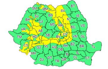 Cod galben privind intensificări ale vântului, la început în zona montană; de duminică seară, va fi Cod galben în cea mai mare parte a ţării, iar la munte Cod portocaliu de vânt puternic şi viscol