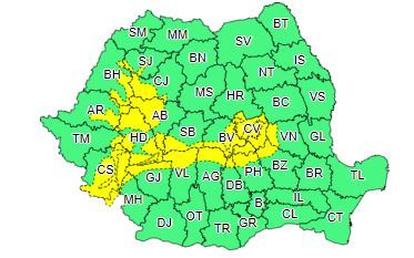 Cod galben de vânt puternic în zona Carpaţilor Occidentali, Meridionali şi de Curbură 