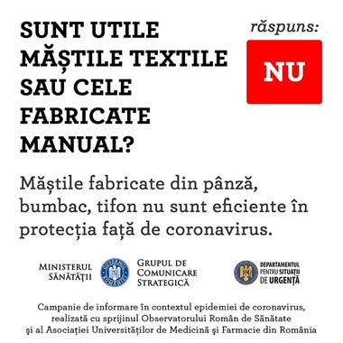 Ministerul Sănătăţii: Măştile fabricate manual sau din pânză/bumbac/tifon nu protejează împotriva infecţiei cu coronavirus