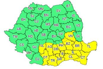 Cod galben de vânt puternic, în Muntenia, Dobrogea, sud-vestul Moldovei şi estul Olteniei/ Rafalele de vânt vor ajunge până la 70 de kilometri la oră