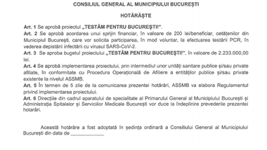 Primăria Capitalei vrea să acorde 200 de lei bucureştenilor care se oferă voluntar pentru a fi testaţi pentru coronavirus/ 11.000 de teste ar urma să fie făcute în acest an/ Valoarea proiectului depăşeşte 2,2 milioane de lei