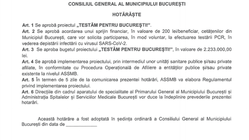 Primăria Capitalei vrea să acorde 200 de lei bucureştenilor care se oferă voluntar pentru a fi testaţi pentru coronavirus/ 11.000 de teste ar urma să fie făcute în acest an/ Valoarea proiectului depăşeşte 2,2 milioane de lei