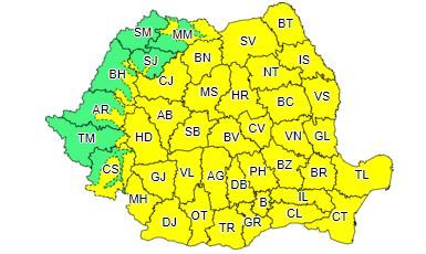 Cod galben de vânt puternic şi ploi torenţiale, marţi, în cea mai mare parte a ţării