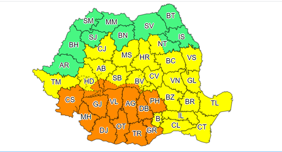 Cod portocaliu de instabilitate atmosferică, în Oltenia, local în Muntenia, în sudul Banatului şi în zona Carpaţilor Meridionali/ Hidrologii anunţă cod galben şi cod portocaliu de inundaţii în mai multe judeţe, până vineri dimineaţă