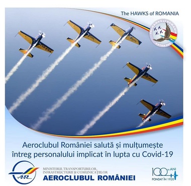 Hawks Of Romania survolează sâmbătă principalele spitale din Bucureşti, în semn de mulţumire faţă de personalul implicat în lupta împotriva COVID-19. Punctele din care pot fi văzuţi