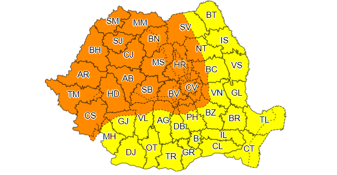 Codul galben de vreme rea, prelungit până duminică la ora 10.00, fiind vizată întreaga ţară/ În Banat, Crişana, Maramureş, Transilvania şi zona montană, joi, este cod portocaliu