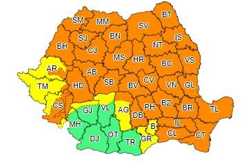 Cod galben de ploi torenţiale, descărcări electrice şi vijelii, până duminică, în cea mai mare parte a ţării/ În Moldova, Maramureş, Transilvania, Dobrogea, local în Muntenia şi în nordul Crişanei şi la munte va fi Cod portocaliu