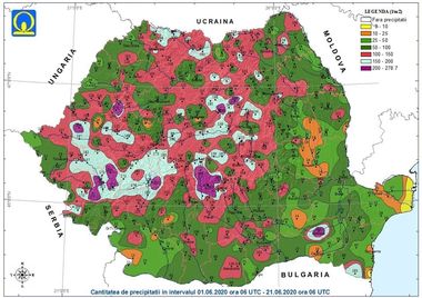 Administraţia Naţională de Meteorologie: Cantitatea de precipitaţii în iunie, cu 13 litri pe metru pătrat mai mare faţă de media perioadei 1981-2010/ În intervalul 1 – 21 iunie s-au emis 431 avertizări de tip now-casting, din care 50 de cod roşu