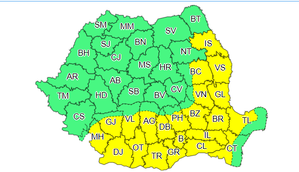 UPDATE - Cod galben de caniculă, joi şi vineri, în Oltenia, Muntenia, vestul Dobrogei şi în parte a Moldovei/ Temperaturile ajung la 37 de grade/ Mai multe judeţe vor fi sub cod galben sau portocaliu de instabilitate atmosferică/ Vremea în Bucureşti