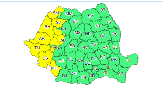 Cod galben de instabilitate atmosferică, în Banat, Crişana, vestul Olteniei şi în zona Carpaţilor Occidentali, de marţi după-amiază până miercuri la prânz/ În zonele vestice, disconfortul termic va fi accentuat