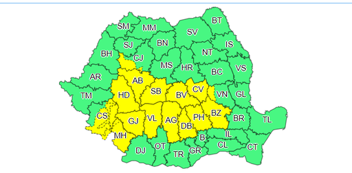 Cod galben de instabilitate atmosferică în vestul şi sudul Transilvaniei, în sudul Banatului, în sud-vestul Moldovei, precum şi în jumătatea de nord a Olteniei şi a Munteniei/ Şi în Bucureşti vor fi averse şi descărcări electrice