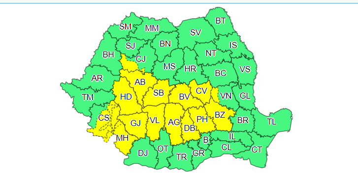 Cod galben de instabilitate atmosferică în vestul şi sudul Transilvaniei, în sudul Banatului, în sud-vestul Moldovei, precum şi în jumătatea de nord a Olteniei şi a Munteniei/ Şi în Bucureşti vor fi averse şi descărcări electrice