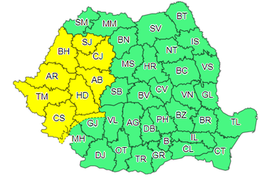 Cod galben de ploi torenţiale, vijelii şi grindină, de vineri seară, în zece judeţe din vestul ţării/ De sâmbătă, Codul galben va fi extins pentru cea mai mare parte a ţării