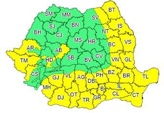 Cod galben de caniculă şi disconfort termic în sudul, estul şi local în vestul ţării/ Din cursul nopţii, va fi Cod galben de ploi torenţiale, cu descărcări electrice, vijelii şi grindină, în Banat, Crişana, Maramureş, Transilvania şi la munte