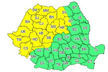Cod galben de ploi torenţiale, vânt puternic şi vijelii, în Banat, Crişana, Maramureş, Transilvania şi local la munte/ În sud şi est este Cod galben de caniculă şi disconfort termic