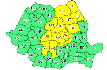 Cod galben de ploi, descărcări electrice, vijelii şi grindină, în sud-estul Transilvaniei, nordul şi vestul Moldovei, nordul Munteniei şi nord-estul Olteniei/ De joi seară, vor fi vizate şi alte regiuni, iar în 9 judeţe va fi Cod portocaliu