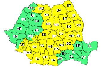 Cod galben de ploi însemnate cantitativ şi intensificări ale vântului, de luni seară, în Oltenia, Moldova şi local în Muntenia, Transilvania şi Maramureş