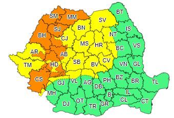 Cod portocaliu de ploi abundente în Maramureş, nord-vestul Transilvaniei, nordul Crişanei şi în zona Carpaţilor Occidentali şi în vestul Carpaţilor Meridionali, până vineri dimineaţă/ Cod galben, în celelalte zone din vestul, centrul şi nordul ţării