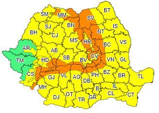 Cod portocaliu de vânt puternic, în zona înaltă a Carpaţilor Meridionali şi Orientali/ Restul ţării este sub Cod galben de ploi, vânt şi instabilitate atmosferică