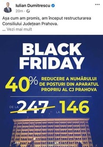 Consiliul Judeţean Prahova anunţă "reducere de Black Friday": scade cu 40% numărul angajaţilor aparatului propriu al instituţiei. 101 posturi vor fi desfiinţate
