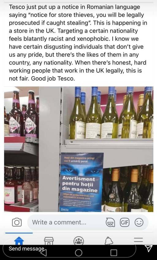 MAE, despre un "Avertisment pentru hoţii din magazine" în limba română, afişat într-un lanţ de supermarketuri din Marea Britanie: Are un puternic caracter discriminatoriu. Reprezentanţii ambasadei au solicitat îndepărtarea imediată a materialelor