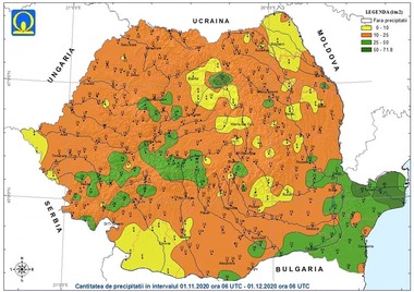 Administraţia Naţională de Meteorologie: În noiembrie, cantitatea medie de precipitaţii a fost de doar 40% din norma acestei luni, noiembrie 2020 fiind a cincea cea mai secetoasă lună din 1961 încoace/ Toamna 2020, pe locul III - cea mai călduroasă