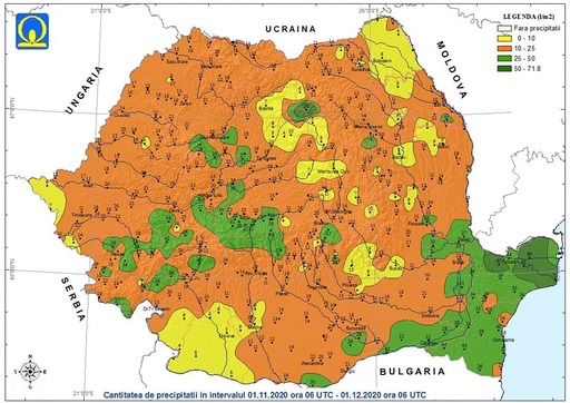 Administraţia Naţională de Meteorologie: În noiembrie, cantitatea medie de precipitaţii a fost de doar 40% din norma acestei luni, noiembrie 2020 fiind a cincea cea mai secetoasă lună din 1961 încoace/ Toamna 2020, pe locul III - cea mai călduroasă